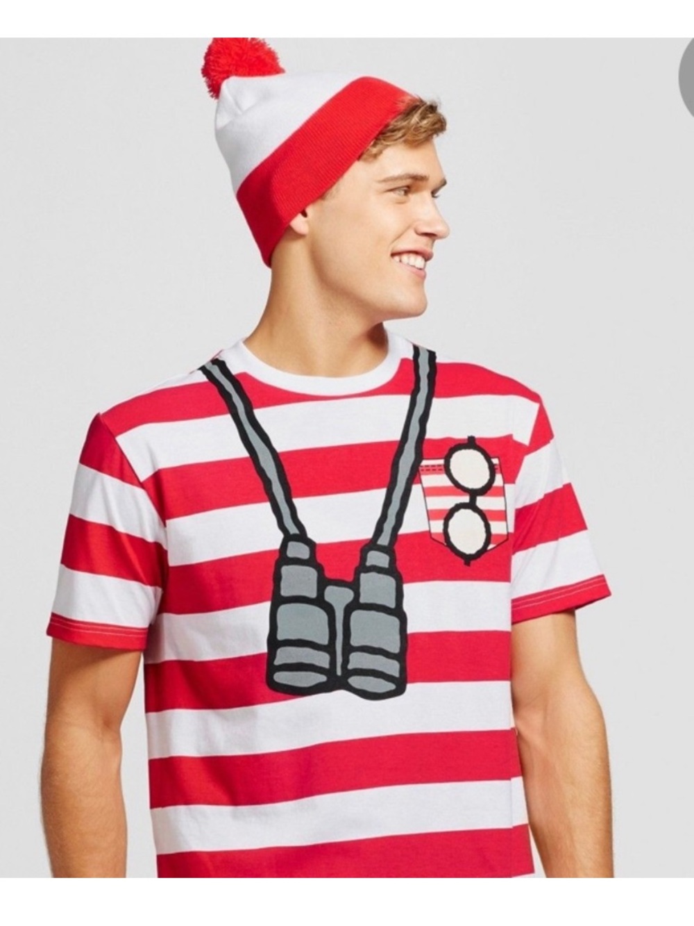 Where's Waldo Adult LARGE SHIRT HAT Costume red White Striped Halloween Funny Lg
